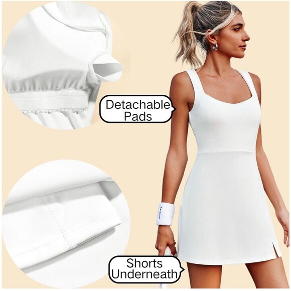 Women Golf Dress Square Neck Workout Tennis Dress Sleeveless Side Slit white L - Picture 5 of 16